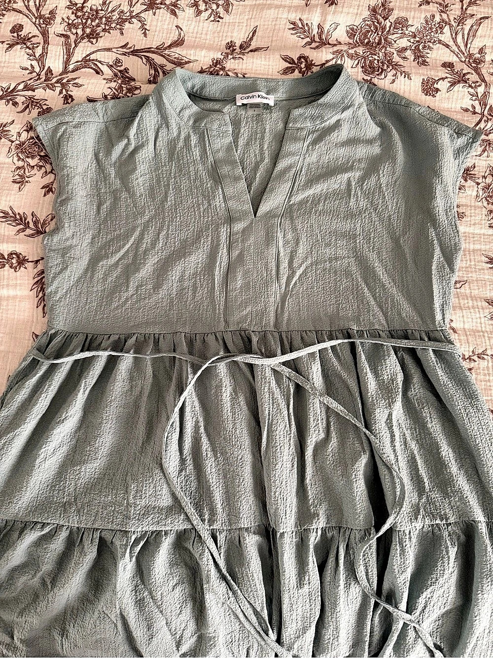 Calvin Klein V Neck Cap Sleeve Tiered Midi Dress, Sage Green